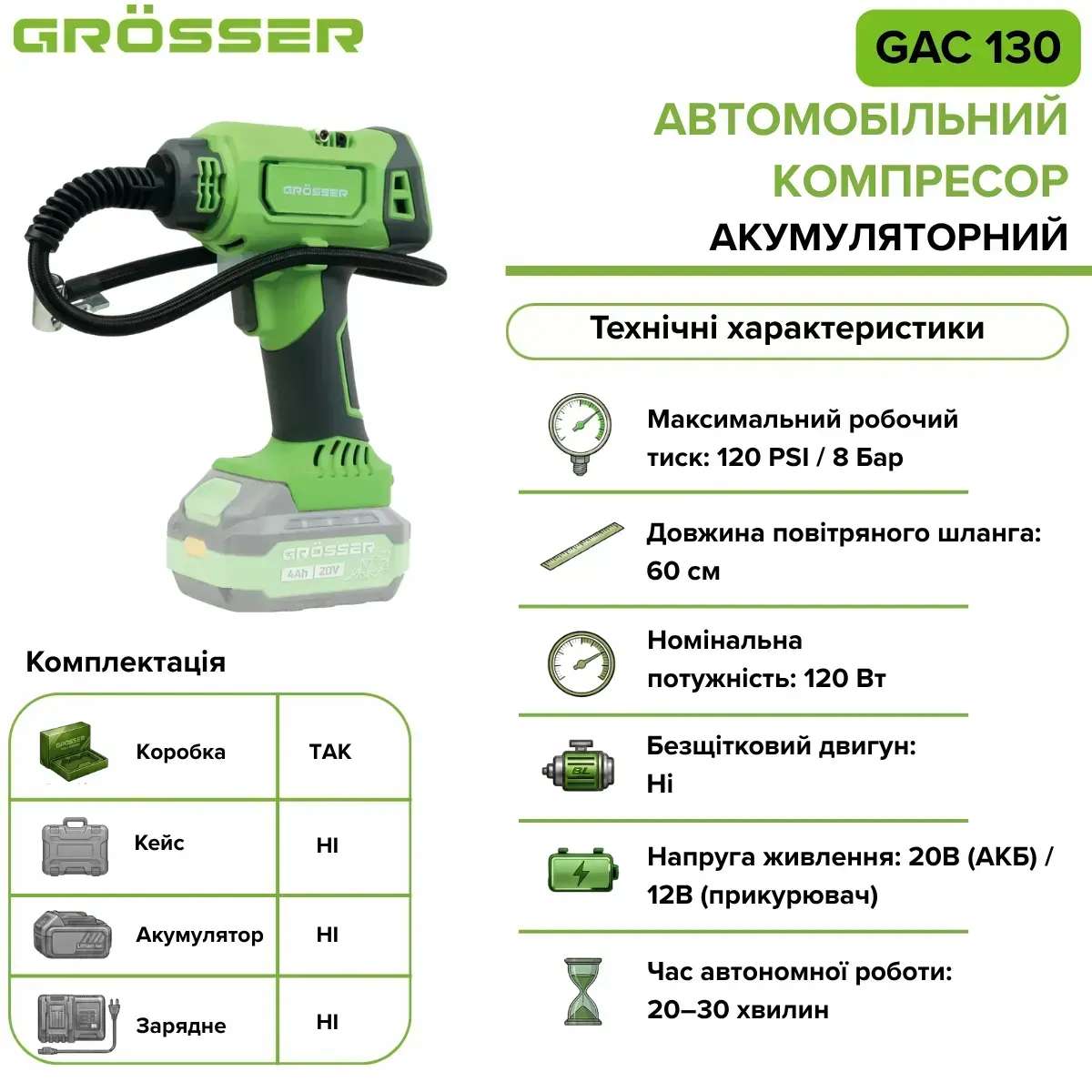 Акумуляторний компресор Grosser GAC 130 без АКБ та ЗП