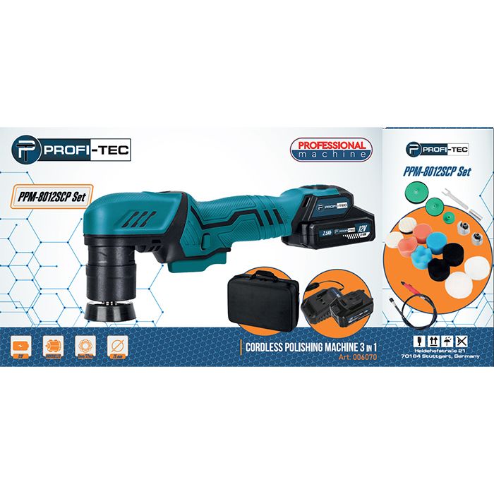  Полірувальна машина акумуляторна ексцентрикова PROFI-TEC PPM-8012SCP Set (1PT1225 (2.5 Аг)