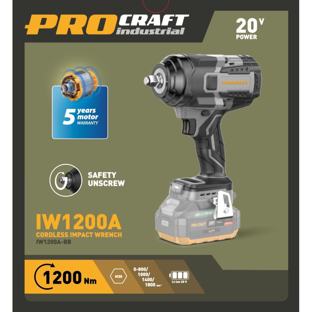 Гайковерт акумуляторний Procraft industrial IW1200A без АКБ и ЗП