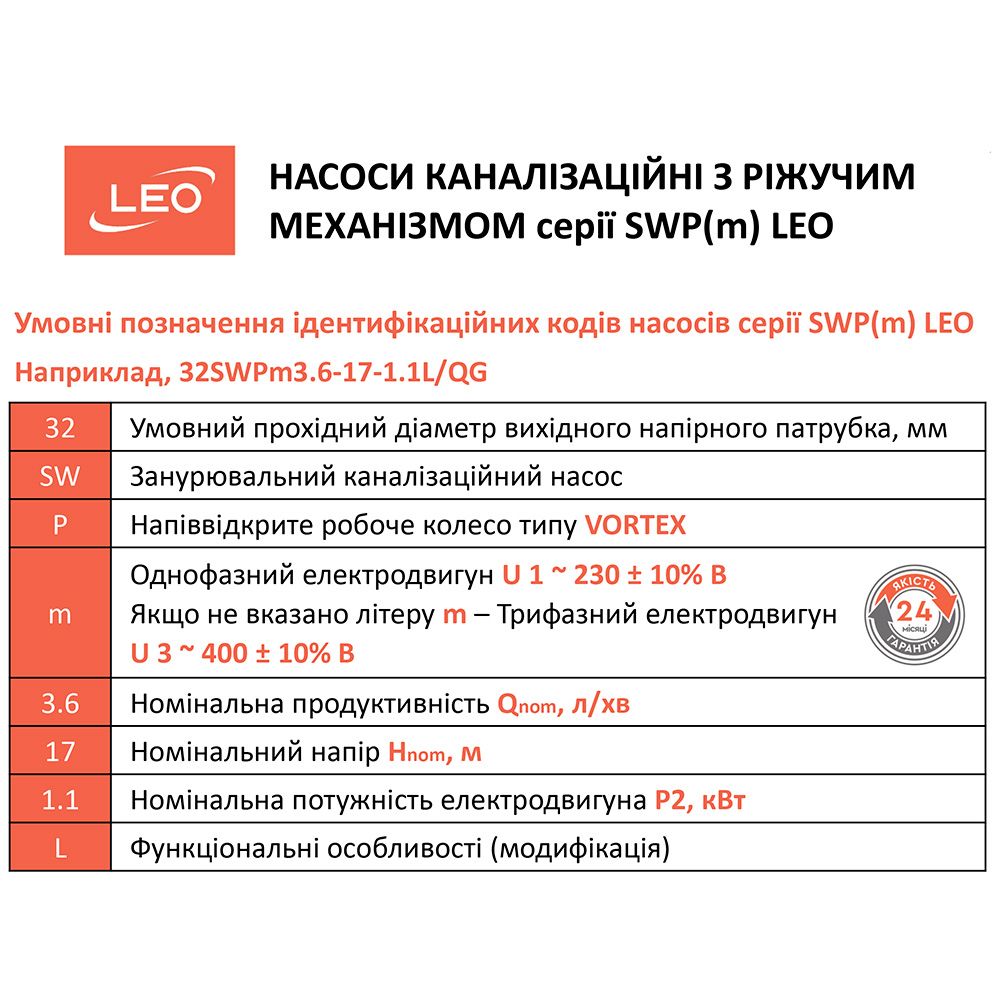 Фекальний насос 1.1кВт LEO 3.0 32SWPm3.6-17-1.1L/QG